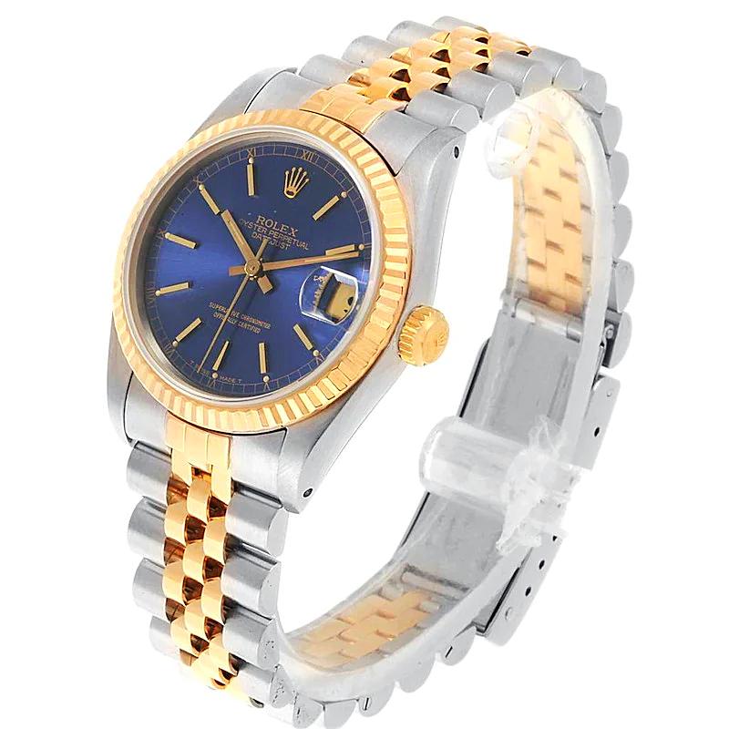 Ladies Rolex Midsize 31mm DateJust Two Tone 18K Yellow Gold / Stainless Steel Wristwatch w/ Blue Dial & Fluted Bezel. (Pre-Owned 68273)