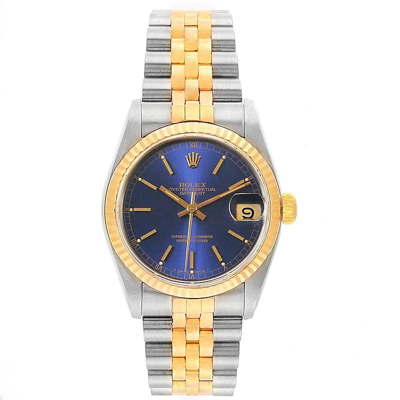 Ladies Rolex Midsize 31mm DateJust Two Tone 18K Yellow Gold / Stainless Steel Watch with Blue Dial and Fluted Bezel. (Pre-Owned 68273)