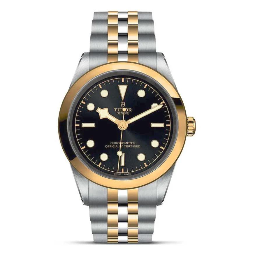 *Ladies Tudor Black Bay 32mm Automatic Two Tone 18K Yellow Gold / Stainless Steel Watch with Black Dial. (Pre-Owned Box/Card M79583)