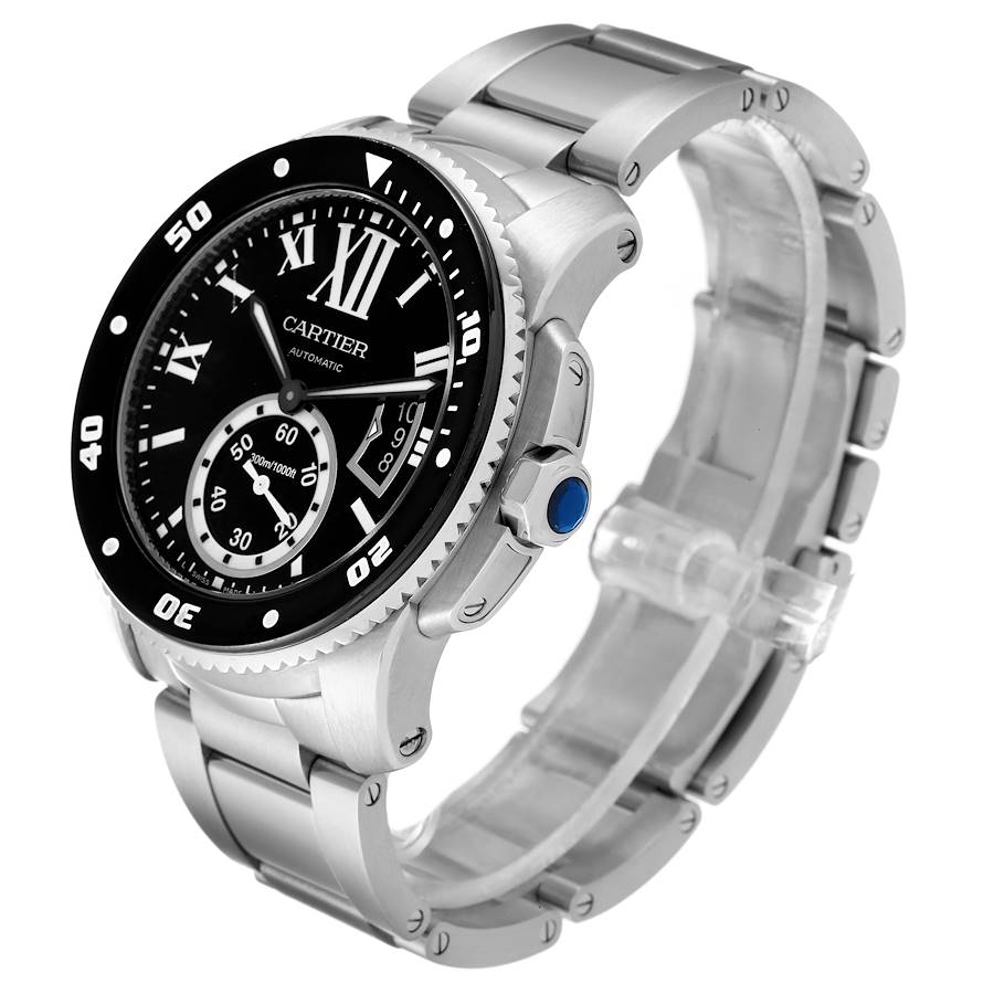 *Men's Cartier 44mm Calibre Automatic Stainless Steel Watch with Roman Numeral Black Dial and Rotating Bezel. (Pre-Owned Box/Manual W7100057)