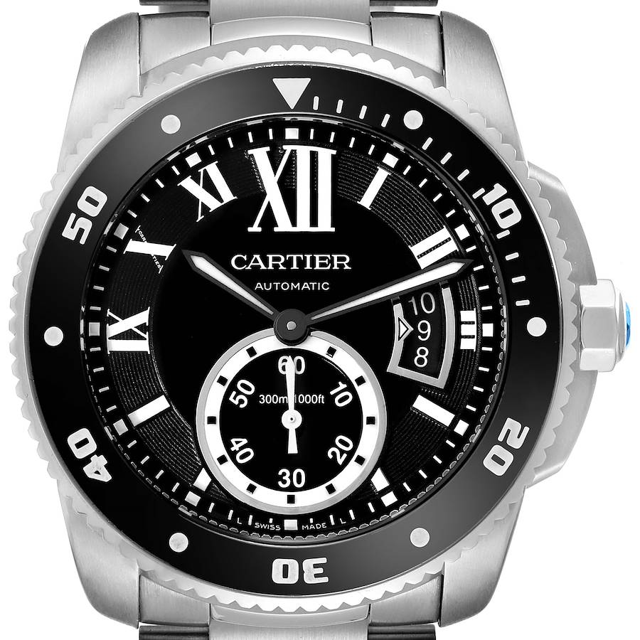 *Men's Cartier 44mm Calibre Automatic Stainless Steel Watch with Roman Numeral Black Dial and Rotating Bezel. (Pre-Owned Box/Manual W7100057)