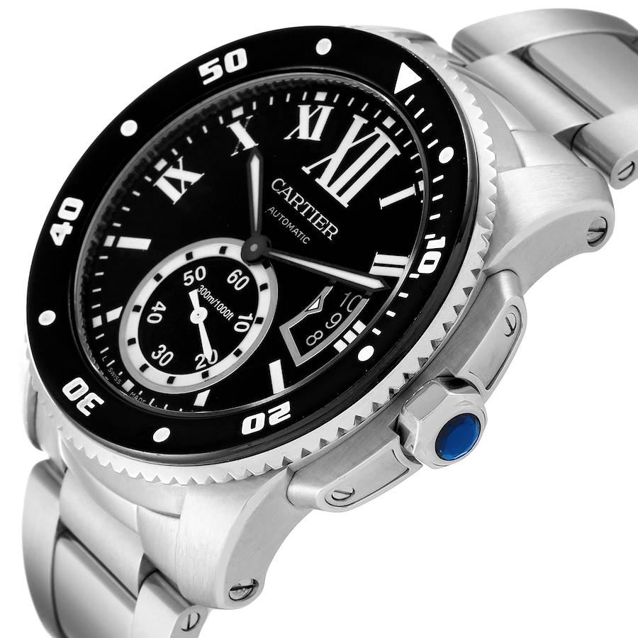 *Men's Cartier 44mm Calibre Automatic Stainless Steel Watch with Roman Numeral Black Dial and Rotating Bezel. (Pre-Owned Box/Manual W7100057)