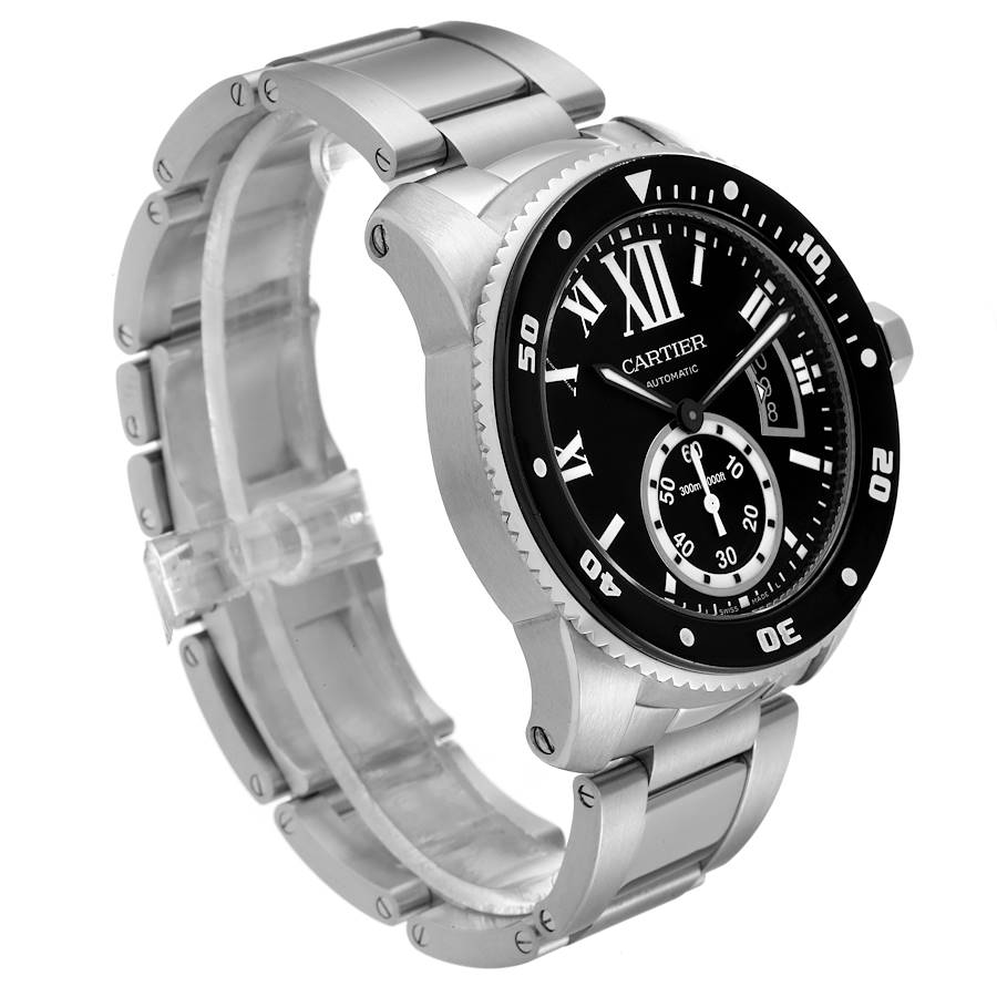 *Men's Cartier 44mm Calibre Automatic Stainless Steel Watch with Roman Numeral Black Dial and Rotating Bezel. (Pre-Owned Box/Manual W7100057)
