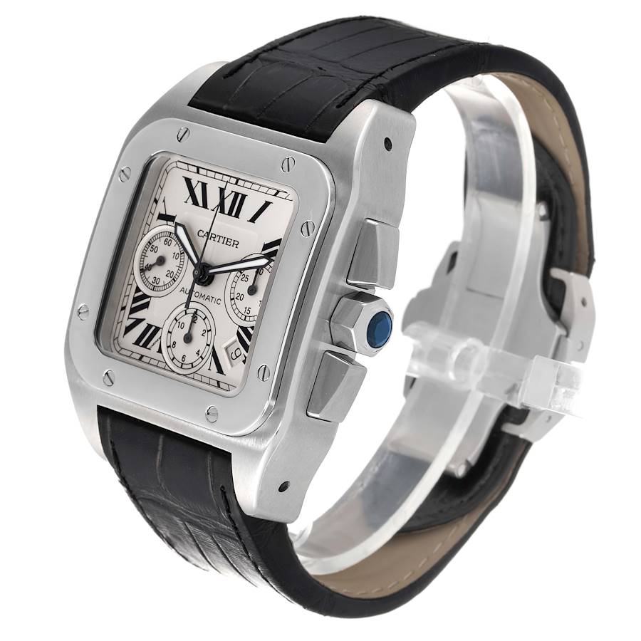 Men's Cartier 42mm Santos 100 XL Chronograph Watch with Black Leather Band and Silver Dial. (Pre-Owned W20090X8)