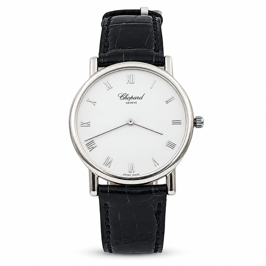 Men's Chopard 32mm Classique Homme Vintage 18K White Gold Watch with Black Leather Strap and White Dial. (Pre-Owned)