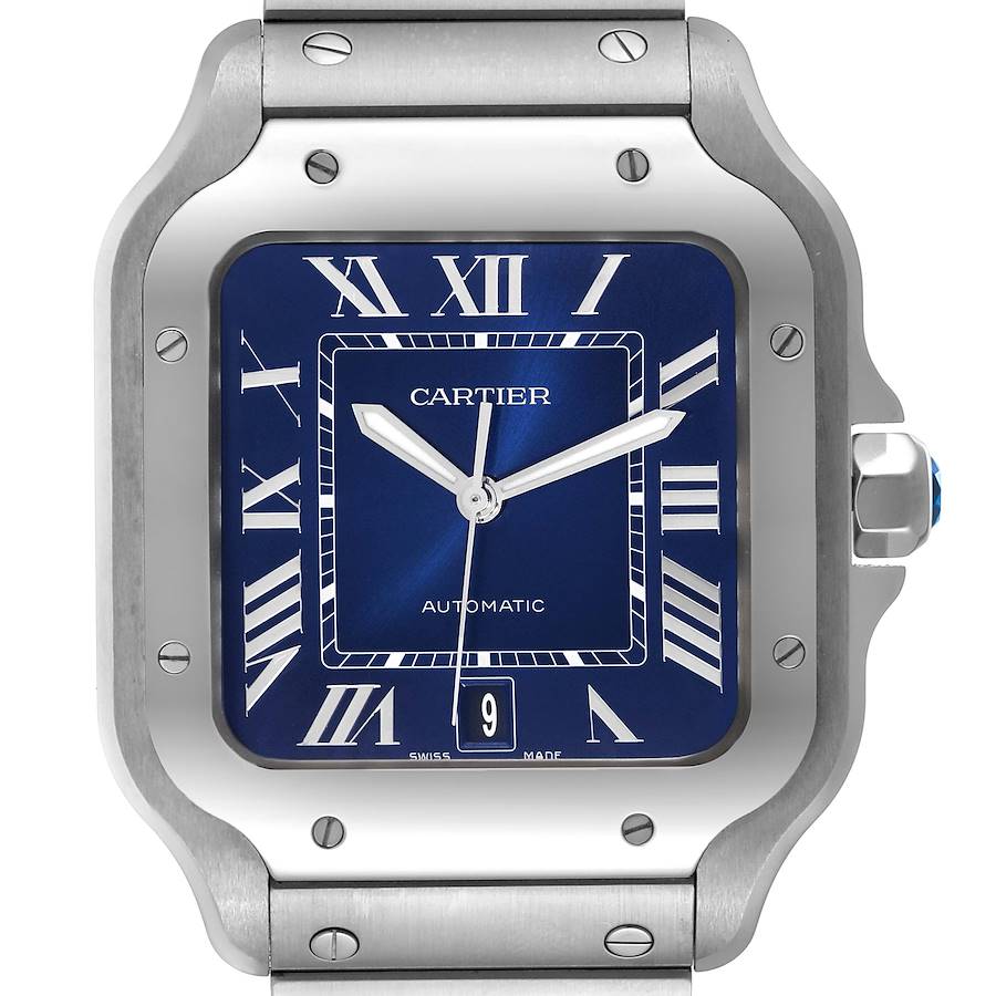 2021 Men's Large Cartier 40mm x 48mm Santos Automatic Stainless Steel Watch with Blue Roman Numeral Dial. (Pre-Owned WSSA0030)