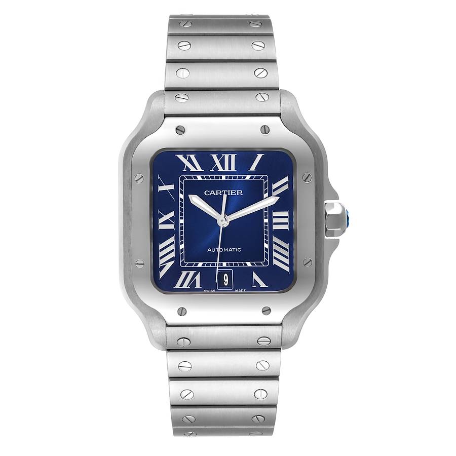 2021 Men's Large Cartier 40mm x 48mm Santos Automatic Stainless Steel Watch with Blue Roman Numeral Dial. (Pre-Owned WSSA0030)