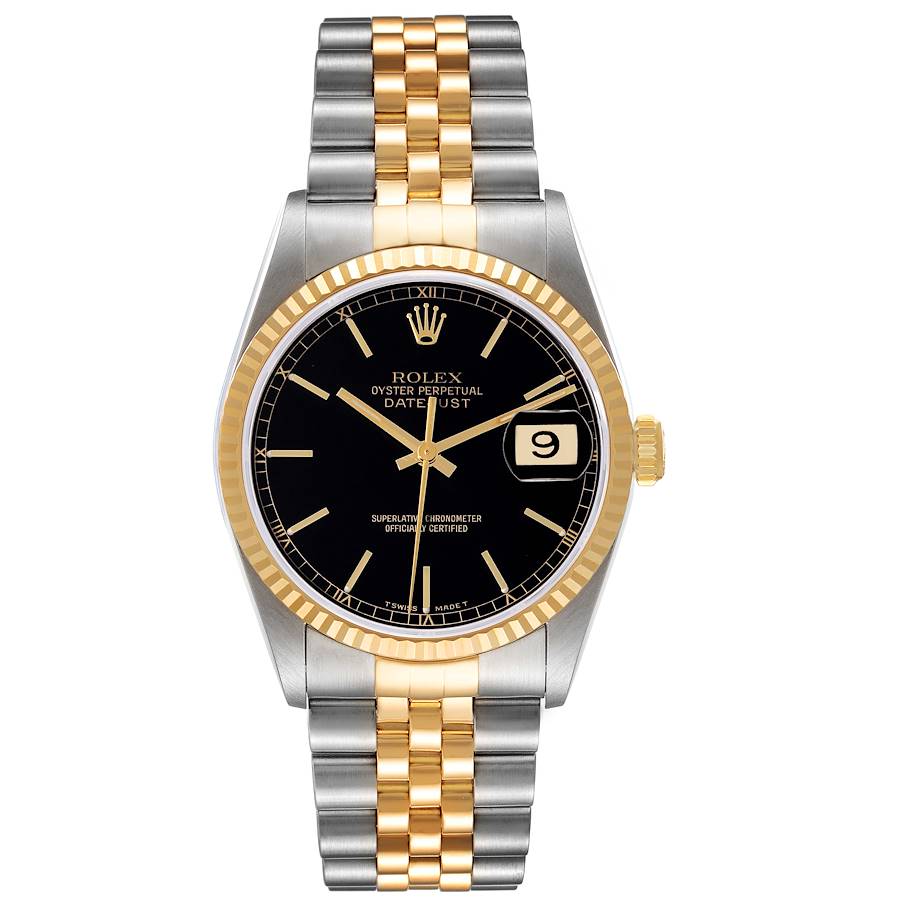 2000 Men's Rolex 36mm DateJust Two Tone 18K Gold / Stainless Steel Wristwatch w/ Black Dial & Fluted Bezel. (Pre-Owned 16233)