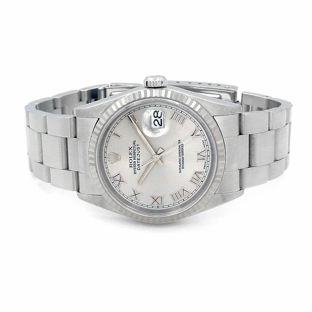 Men's Rolex 36mm DateJust Oyster Perpetual Stainless Steel Watch with Silver Dial and Fluted Bezel. (Pre-Owned 16220)