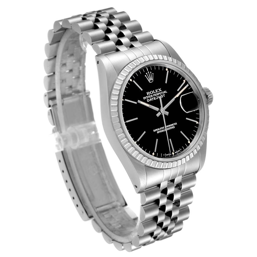 Men's Rolex 36mm DateJust Stainless Steel Watch with Black Dial and Fluted Bezel. (Pre-Owned 16220)