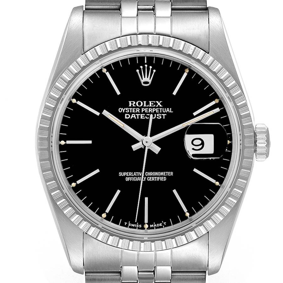 Men's Rolex 36mm DateJust Stainless Steel Watch with Black Dial and Fluted Bezel. (Pre-Owned 16220)