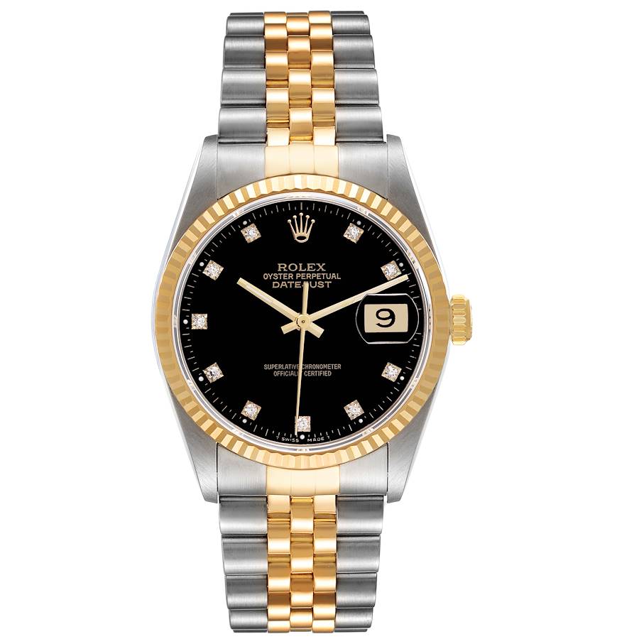 *1996 Men's Rolex 36mm DateJust Two Tone 18K Gold / Stainless Steel Watch with Black Diamond Dial and Fluted Bezel. (UNWORN Box/Paper 16233)