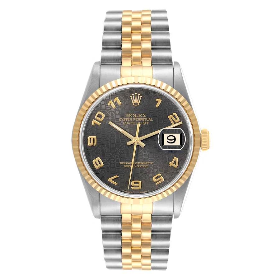 Men's Rolex 36mm DateJust Two Tone 18K Gold / Stainless Steel Watch with Brown 3D Anniversary Dial and Fluted Bezel. (Pre-Owned 16233)