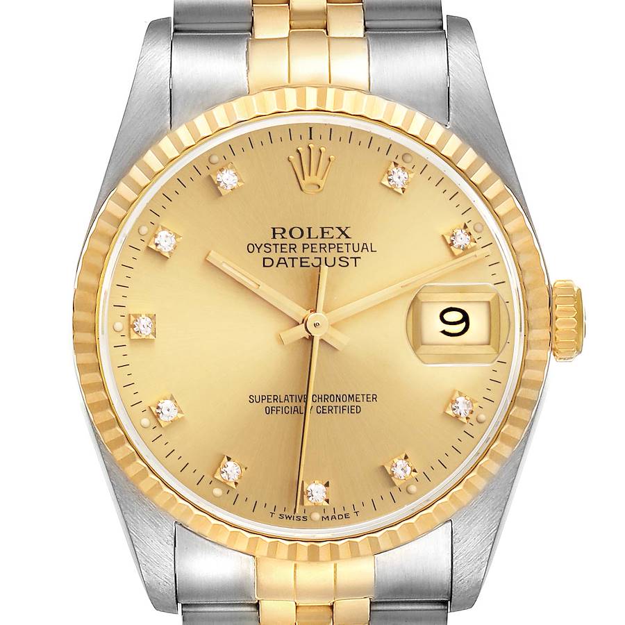 Men's Rolex 36mm DateJust Two Tone 18K Gold / Stainless Steel Watch with Champaigne Diamond Dial and Fluted Bezel. (Pre-Owned 16233)
