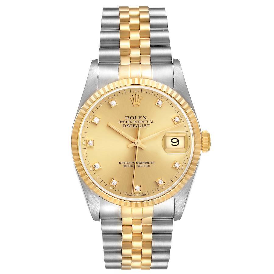 Men's Rolex 36mm DateJust Two Tone 18K Gold / Stainless Steel Watch with Champaigne Diamond Dial and Fluted Bezel. (Pre-Owned 16233)