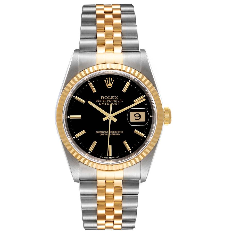 1990 Men's Rolex 36mm DateJust Two Tone 18K Yellow Gold / Stainless Steel Watch with Black Dial and Fluted Bezel. (Pre-Owned 16233)