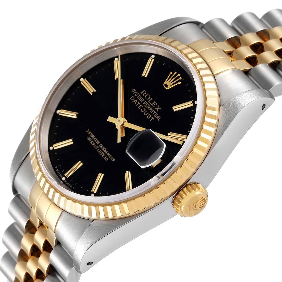 1990 Men's Rolex 36mm DateJust Two Tone 18K Yellow Gold / Stainless Steel Watch with Black Dial and Fluted Bezel. (Pre-Owned 16233)