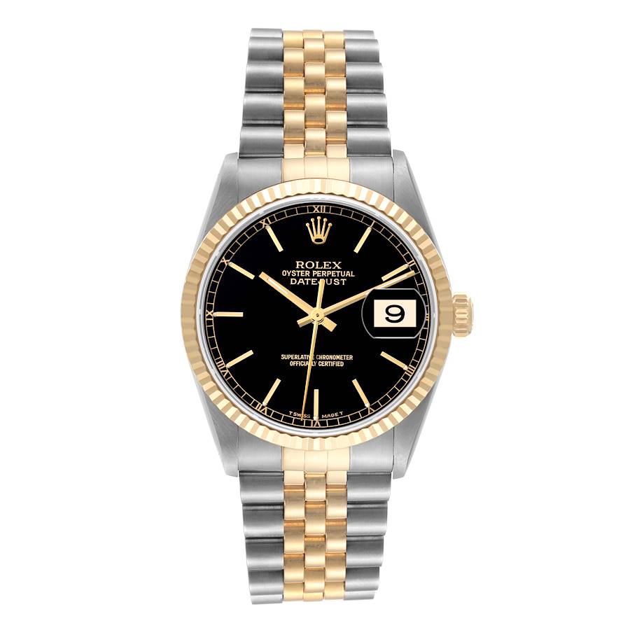 1997 Men's Rolex 36mm DateJust Two Tone 18K Yellow Gold / Stainless Steel Watch with Black Dial and Fluted Bezel. (Pre-Owned 16233)