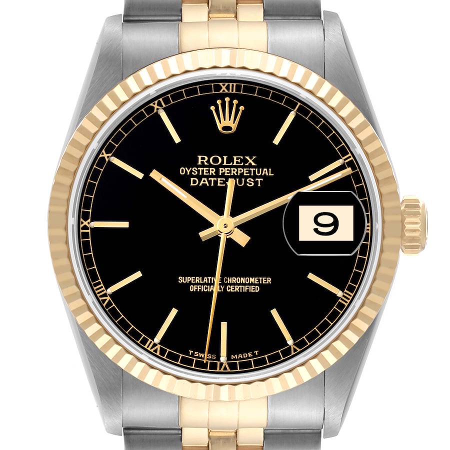 1997 Men's Rolex 36mm DateJust Two Tone 18K Yellow Gold / Stainless Steel Watch with Black Dial and Fluted Bezel. (Pre-Owned 16233)
