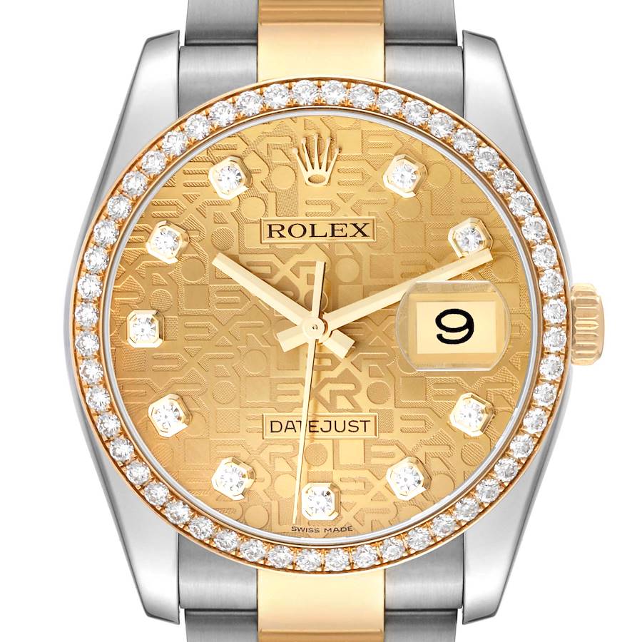 Men's Rolex 36mm DateJust Two Tone 18K Yellow Gold / Stainless Steel Watch with Champagne Diamond Dial and Diamond Bezel. (Pre-Owned 116243)