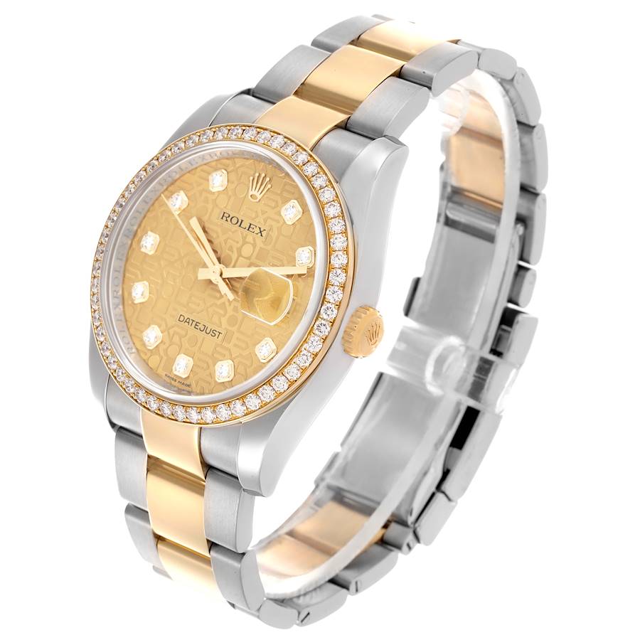 Men's Rolex 36mm DateJust Two Tone 18K Yellow Gold / Stainless Steel Watch with Champagne Diamond Dial and Diamond Bezel. (Pre-Owned 116243)