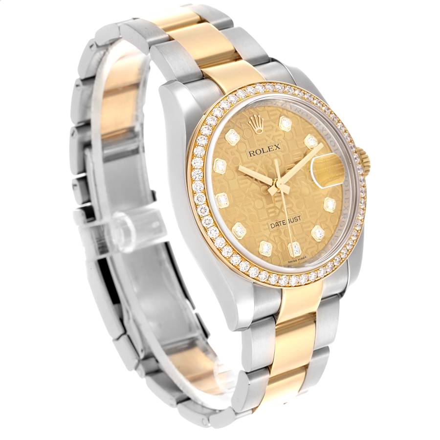 Men's Rolex 36mm DateJust Two Tone 18K Yellow Gold / Stainless Steel Watch with Champagne Diamond Dial and Diamond Bezel. (Pre-Owned 116243)