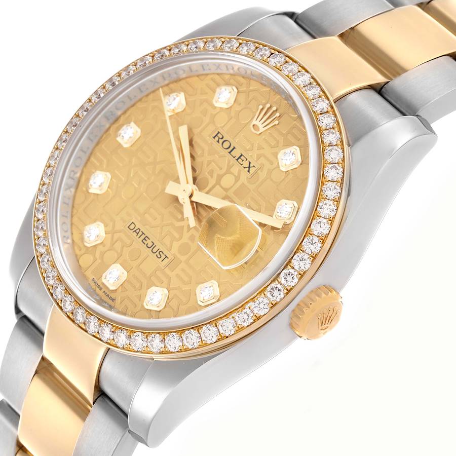 Men's Rolex 36mm DateJust Two Tone 18K Yellow Gold / Stainless Steel Watch with Champagne Diamond Dial and Diamond Bezel. (Pre-Owned 116243)