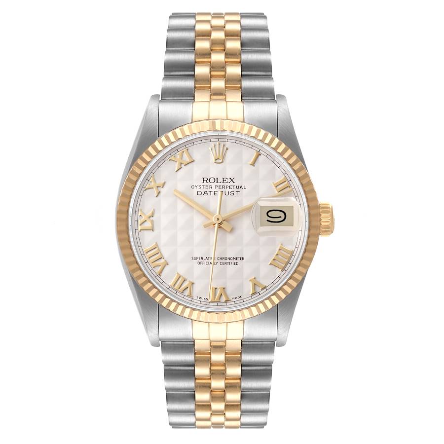 *Men's Rolex 36mm DateJust Two Tone 18K Yellow Gold / Stainless Steel Watch with Ivory Pyramid Dial and Fluted Bezel. (Pre-Owned Box/Paper 16013)