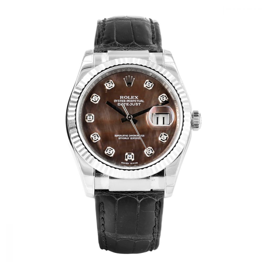 Men's Rolex 36mm DateJust White Gold Wristwatch w/ Mother of Pearl Diamond Dial & Black Leather B&. (NEW 116139)