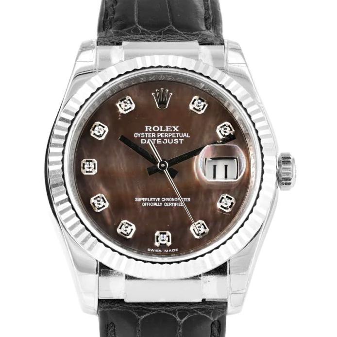 Men's Rolex 36mm DateJust White Gold Wristwatch w/ Mother of Pearl Diamond Dial & Black Leather B&. (NEW 116139)
