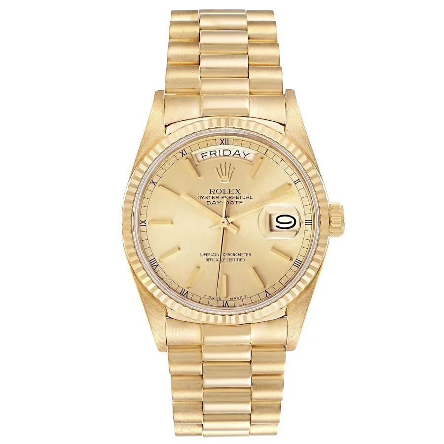 Men's Rolex 36mm Presidential Day-Date 18K Yellow Gold Watch with Gold Dial and Fluted Bezel. (Pre-Owned 18038)