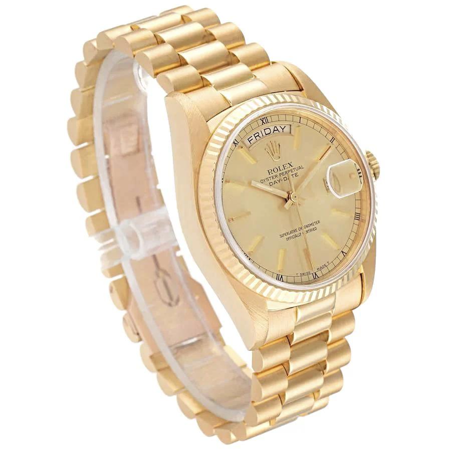Men's Rolex 36mm Presidential Day-Date 18K Yellow Gold Watch with Gold Dial and Fluted Bezel. (Pre-Owned 18038)