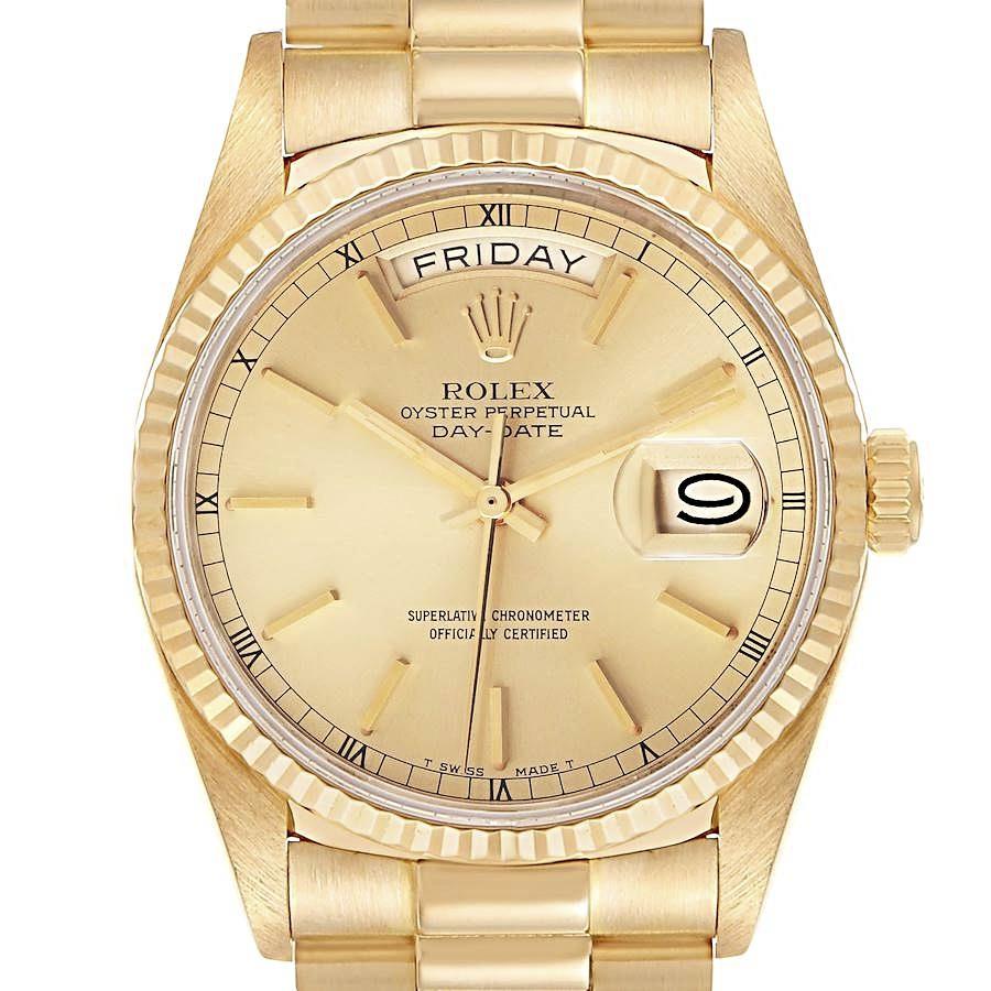 Men's Rolex 36mm Presidential Day-Date 18K Yellow Gold Watch with Gold Dial and Fluted Bezel. (Pre-Owned 18038)