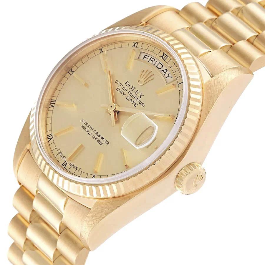 Men's Rolex 36mm Presidential Day-Date 18K Yellow Gold Watch with Gold Dial and Fluted Bezel. (Pre-Owned 18038)