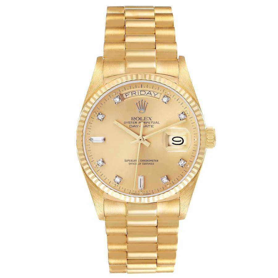 Men's Rolex 36mm Presidential Day-Date 18K Yellow Gold Watch with Champagne Diamond Dial and Fluted Bezel. (Pre-Owned 18038)