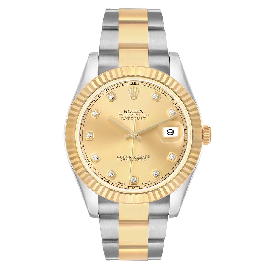 *Men's Rolex 41mm DateJust II Two Tone 18K Yellow Gold / Stainless Steel Watch with Champagne Diamond Dial and Fluted Bezel. (Pre-Owned Box/Card 116333)