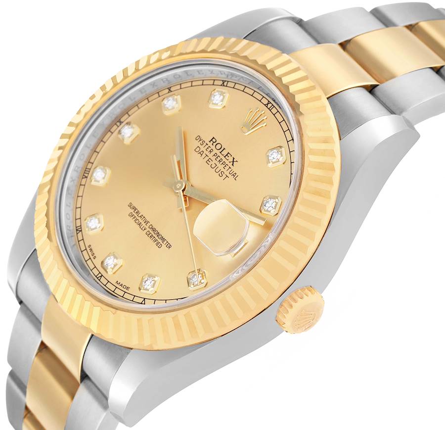 *Men's Rolex 41mm DateJust II Two Tone 18K Yellow Gold / Stainless Steel Watch with Champagne Diamond Dial and Fluted Bezel. (Pre-Owned Box/Card 116333)