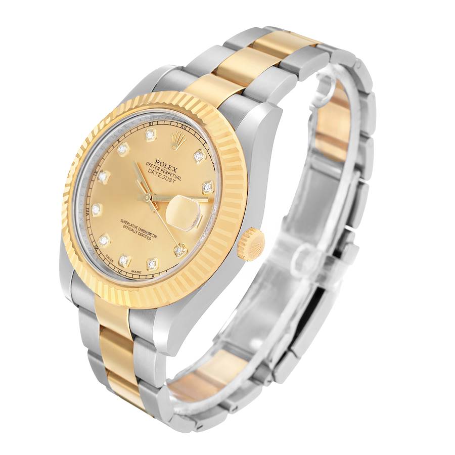 *Men's Rolex 41mm DateJust II Two Tone 18K Yellow Gold / Stainless Steel Watch with Champagne Diamond Dial and Fluted Bezel. (Pre-Owned Box/Card 116333)