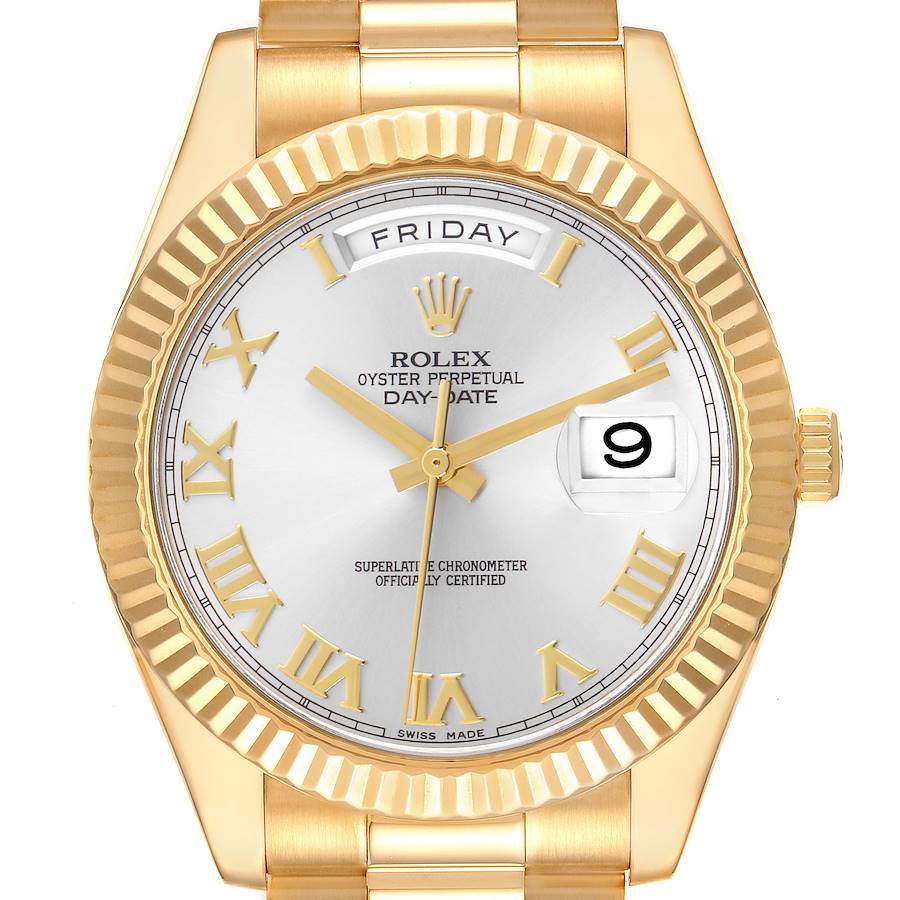 Men's Rolex 41mm Presidential Day-Date II 18K Yellow Gold Watch with Roman Numeral Silver Dial and Fluted Bezel. (Pre-Owned 218238)