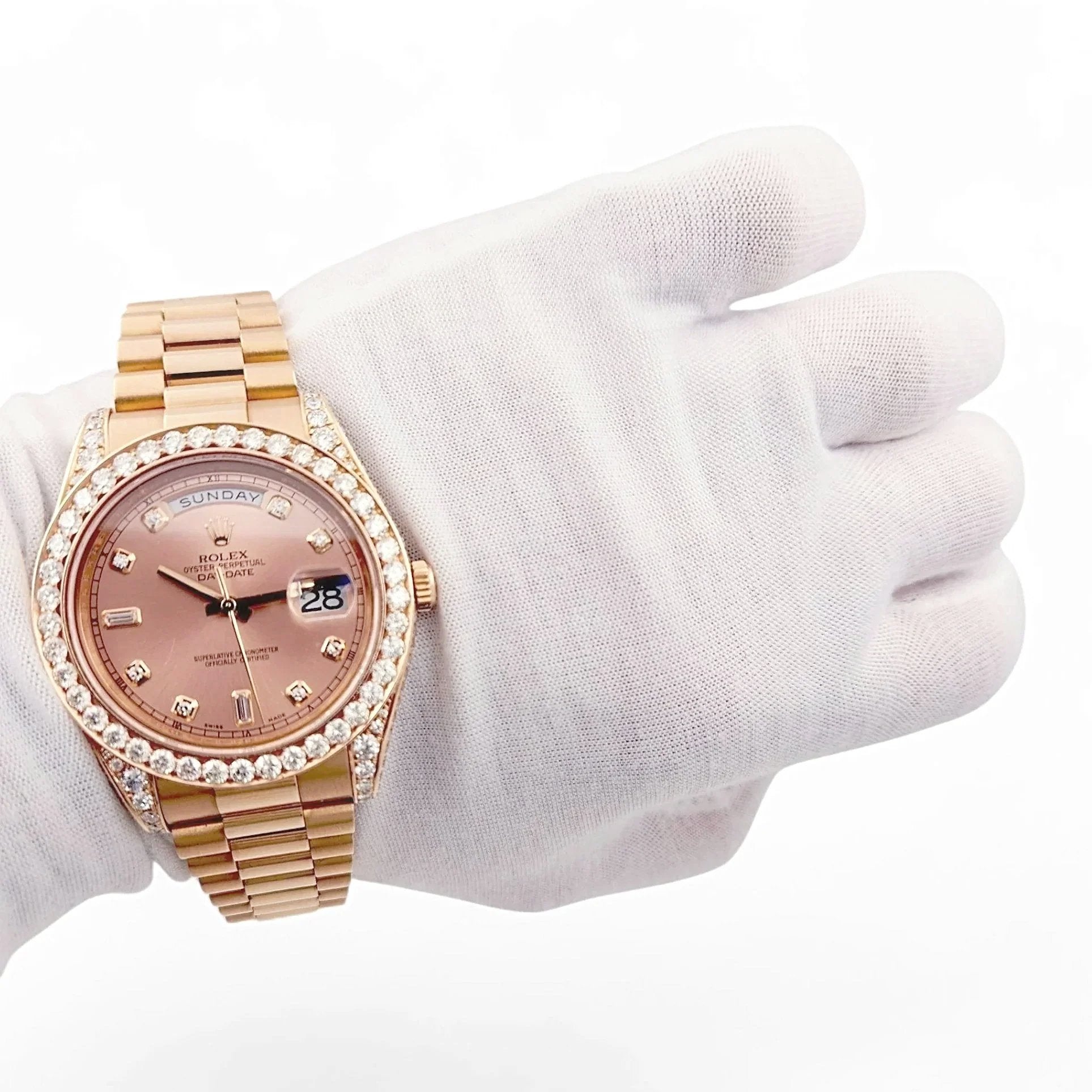 2021 Men's Rolex 41mm Presidential Day-Date II Everose 18K Rose Gold Watch with Diamond Dial and Diamond Bezel. (Pre-Owned 218235)