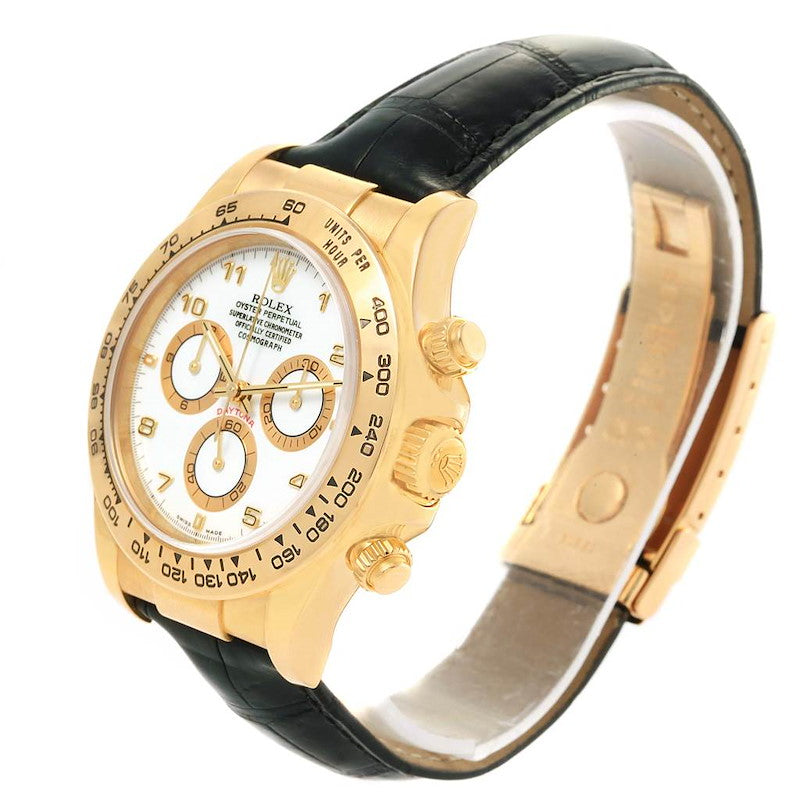 Men's Rolex 40mm Daytona 18K Yellow Gold Wristwatch w/ Black Leather Strap & White Dial. (Pre-Owned 116518)
