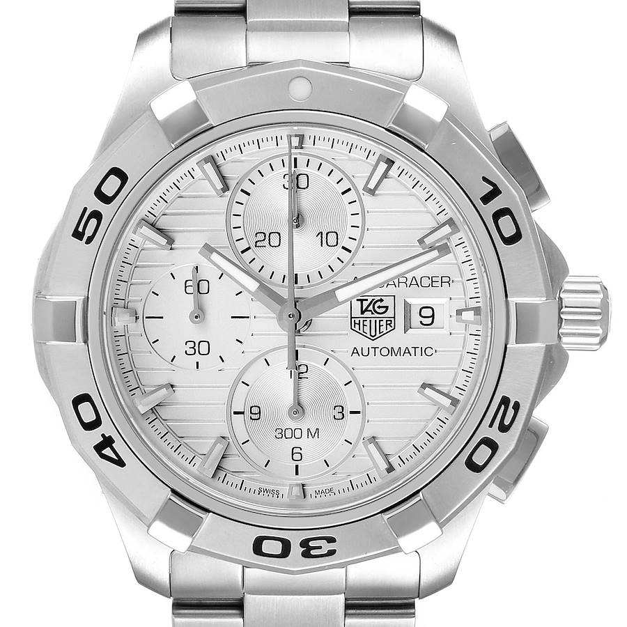 *Men's TAG Heuer Aquaracer 42mm Automatic Stainless Steel Watch with Chronograph Silver Dial. (Pre-Owned Box/Manual CAP2111)