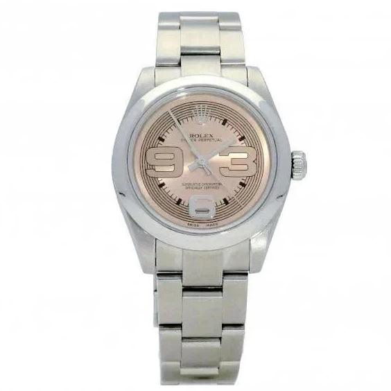 Ladies Midsize Rolex 31mm Oyster Perpetual Stainless Steel Watch with Copper Dial and Smooth Bezel. (Pre-Owned 177200)