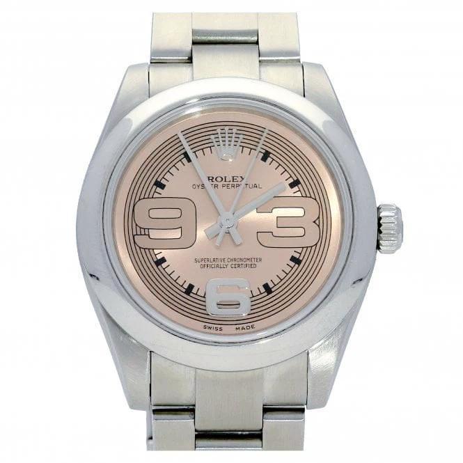 Ladies Midsize Rolex 31mm Oyster Perpetual Stainless Steel Watch with Copper Dial and Smooth Bezel. (Pre-Owned 177200)