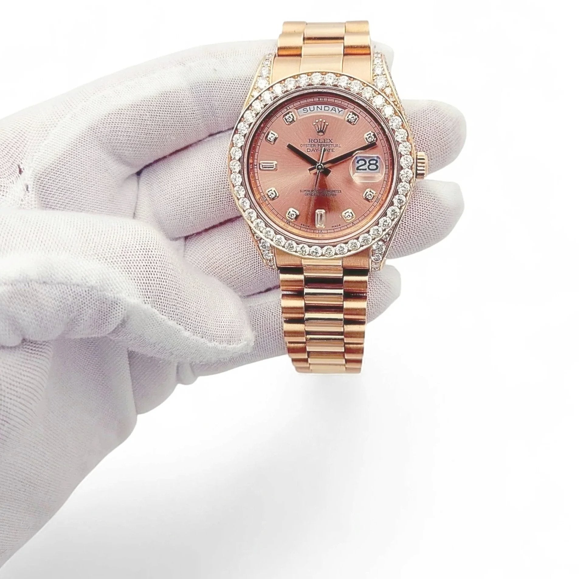 2021 Men's Rolex 41mm Presidential Day-Date II Everose 18K Rose Gold Watch with Diamond Dial and Diamond Bezel. (Pre-Owned 218235)