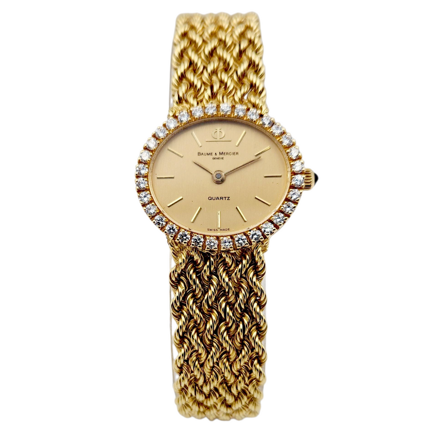 Ladies Baume & Mercier 24mm Vintage 18K Yellow Gold Watch with Gold Dial and Diamond Bezel. (Pre-Owned)