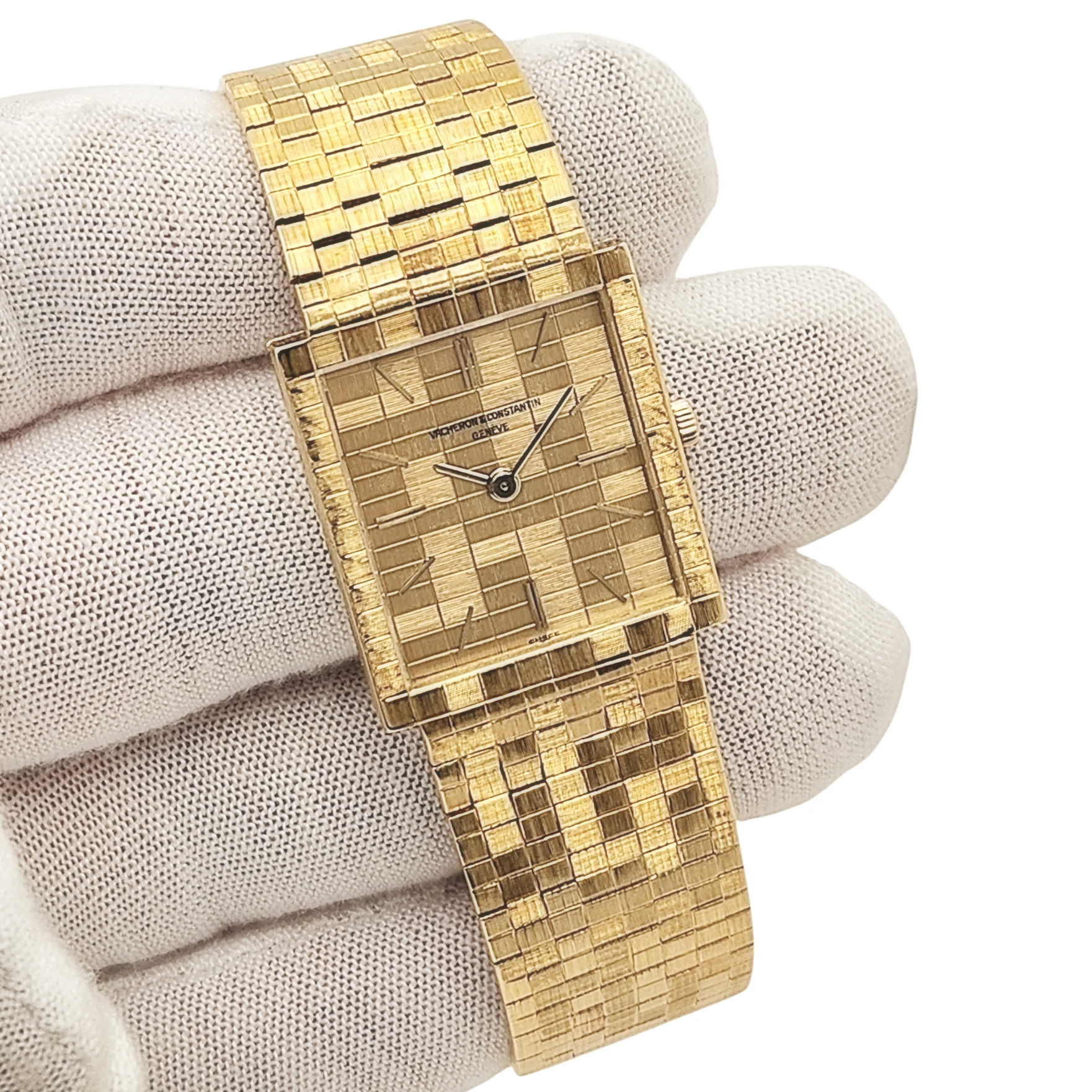 1970's Vacheron & Constantin Vintage Solid 18K Gold Watch with Basket-Weave Gold Dial and Bracelet. (Pre-Owned 7186)