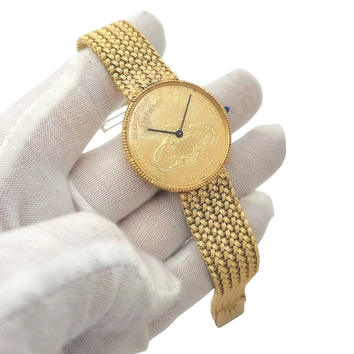 Unisex Lucien Piccard 33mm Liberty 18K Yellow Gold Coin Watch with Mesh Gold Band. (Pre-Owned)