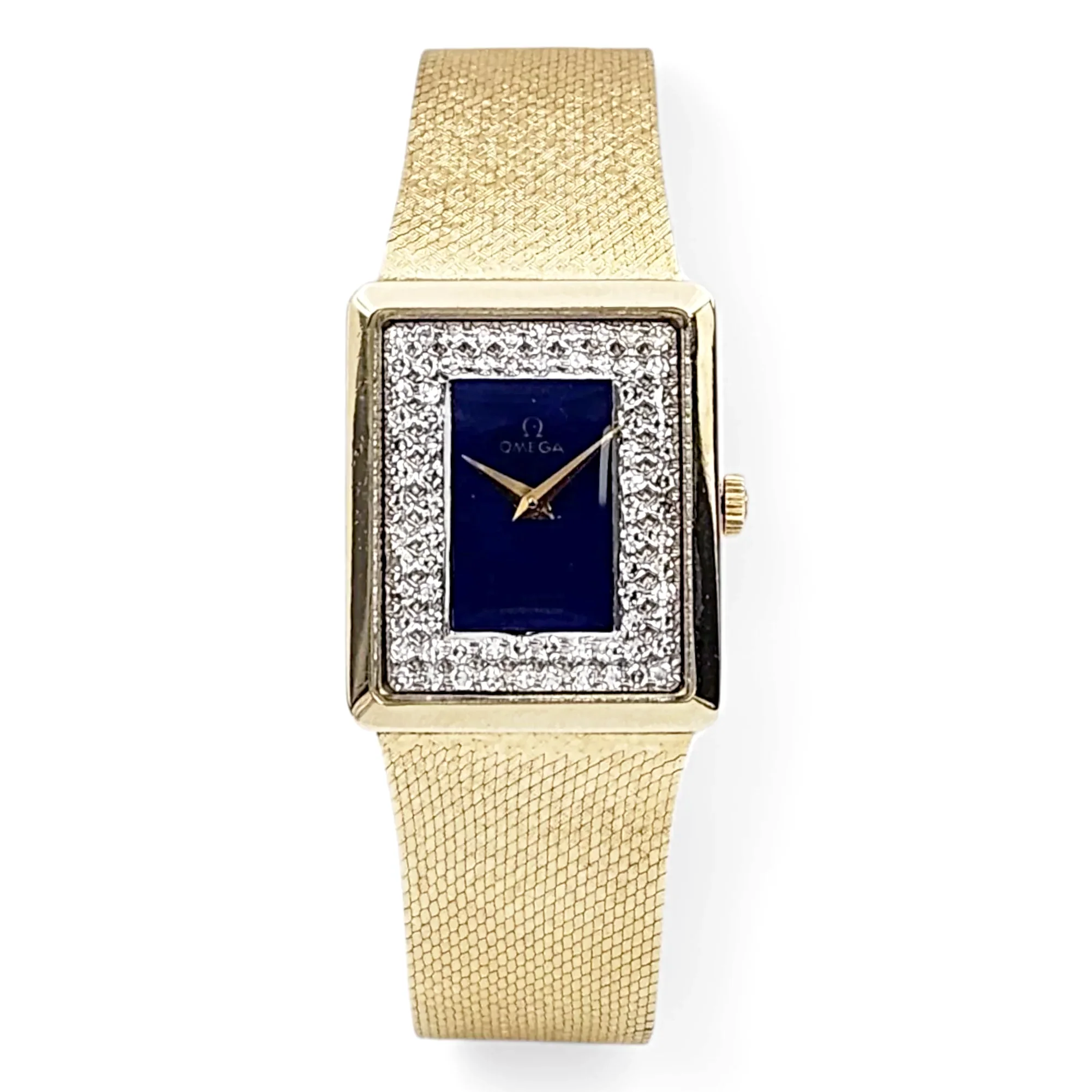 Unisex Omega Vintage 14K Yellow Gold Watch with Diamond Blue Texture and Dial. (Pre-Owned)