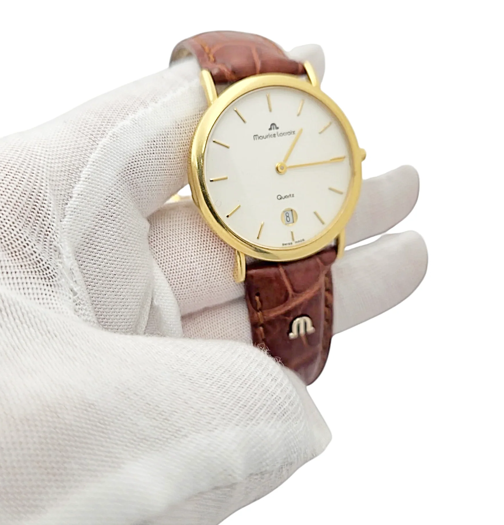 Men's Maurice Lacroix 34mm Vintage 18K Yellow Gold Case Watch with Brown Leather and White Dial. (Pre-Owned 2106)